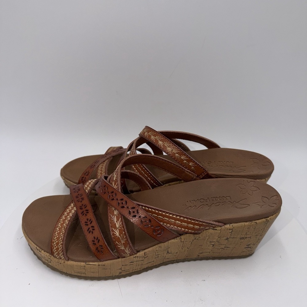 Skechers Brown Beverlee Tiger Posse Wedge Slide Strappy Sandal Women's Size 8.5